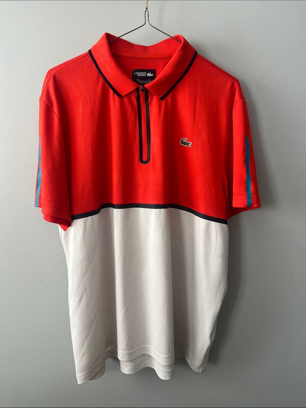 Lacoste Red & White Color-Block Zip Polo with Blue Stripe Accents